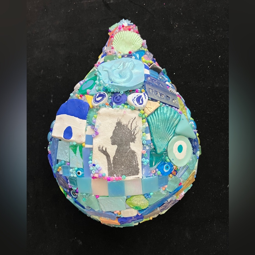 Handmade Mosaic Art “ Mermaids Tear“Polymer Clay /Glass OriginalOOAK  11”x10”x3”